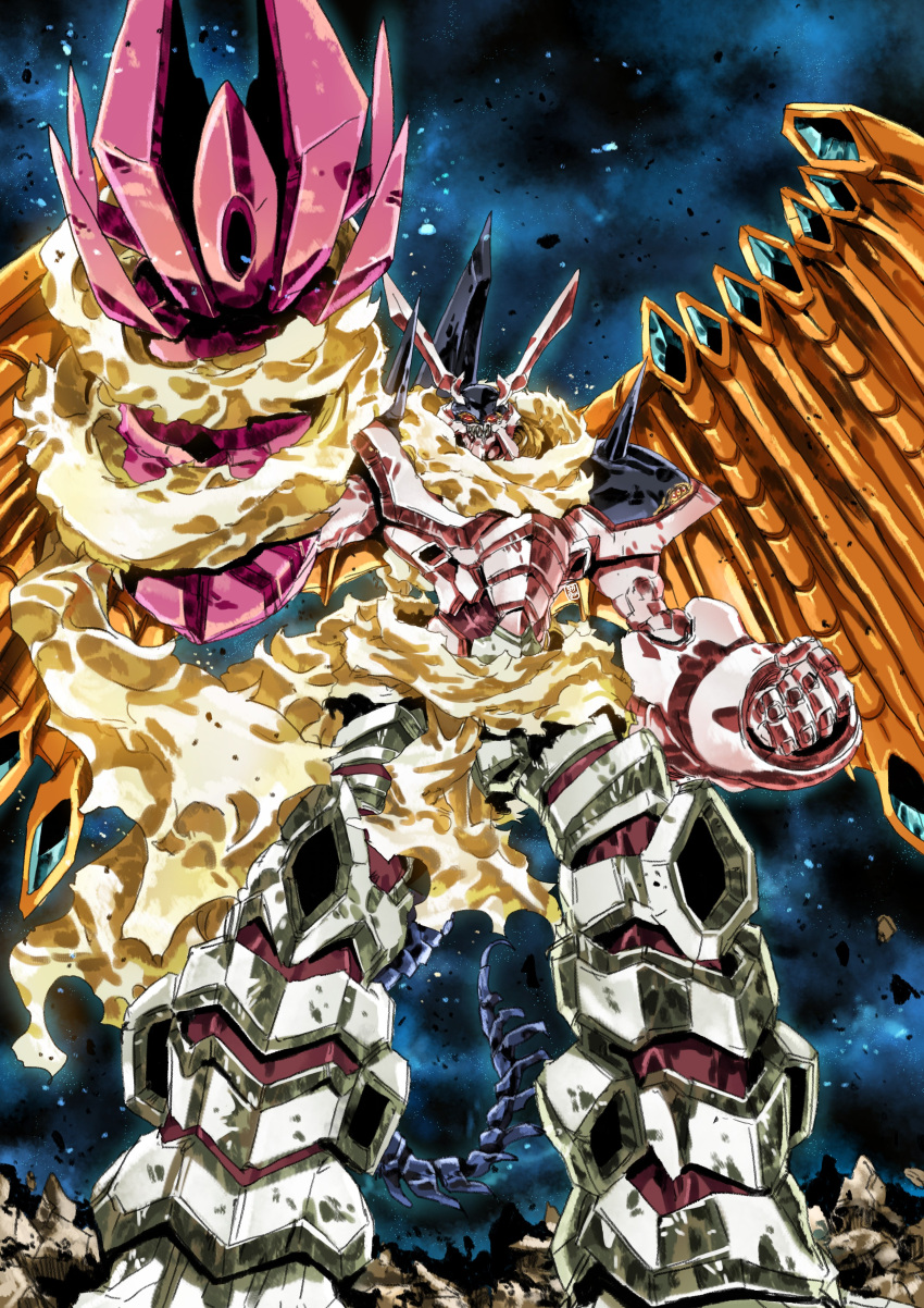 absurdres arm_cannon betterman betterman_cataphract clenched_hand garimpeiro hakaiou:_gaogaigar_vs._betterman highres kaijuu looking_at_viewer no_humans orange_eyes sharp_teeth space tail teeth weapon wings