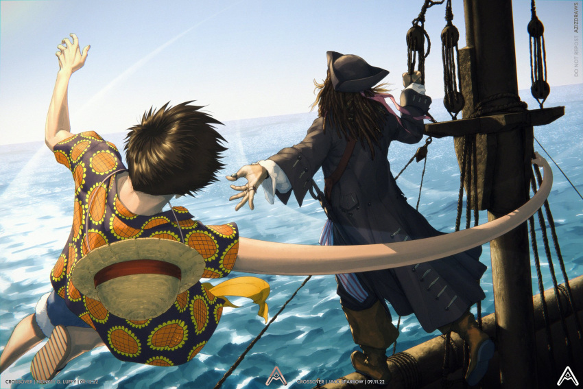 2boys artist_name azizdraws back black_hair character_name crossover dated dreadlocks english_text full_body hat highres jack_sparrow jewelry long_arms long_hair monkey_d._luffy multiple_boys ocean one_piece pirate pirate_costume pirate_hat pirates_of_the_caribbean realistic ring sandals ship short_hair signature straw_hat watercraft