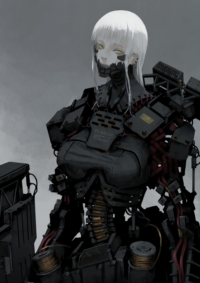 1girl absurdres android armor breasts cable grey_background highres jittsu looking_at_viewer mechanical_arms mechanical_parts mechanical_spine medium_hair original science_fiction sidelocks simple_background solo upper_body white_hair yellow_eyes