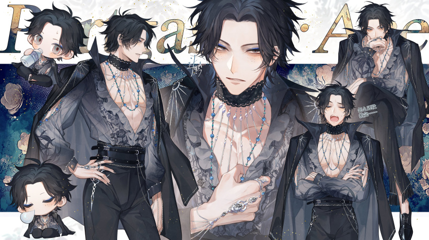 1boy abs absurdres ahoge belt black_belt black_hair black_jacket black_nails black_pants blue_eyeshadow chain character_name chibi chibi_inset choker crossed_arms eyeshadow floral_background floral_print freckles hand_on_own_hip hand_to_own_mouth highres jacket jewelry lace lace_choker long_sleeves makeup male_focus multiple_views necklace one_piece open_clothes open_mouth open_shirt pants parted_bangs parted_lips pearl_necklace pectoral_cleavage pectorals portgas_d._ace ring rose_print see-through short_hair signature silver_trim sqloveraven
