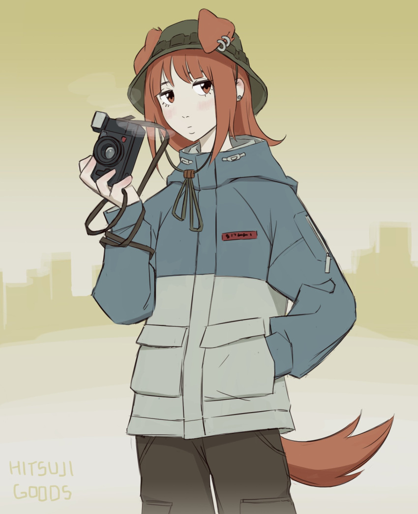 1girl animal_ears artist_name blush breath bucket_hat camera dog_girl ear_piercing green_headwear hand_in_pocket hat highres hitsuji_(hitsujigoods) holding holding_camera jacket mitsu_(hitsujigoods) original piercing sidelocks solo zipper zipper_pull_tab