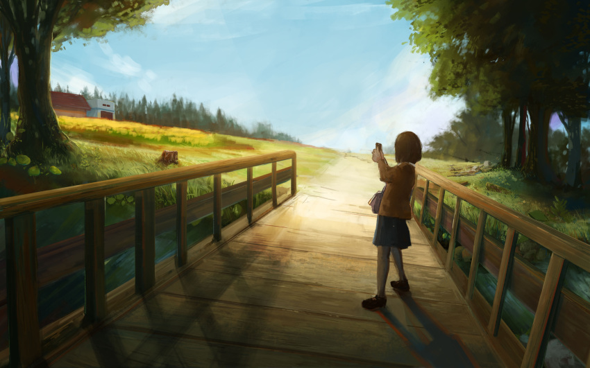 1girl absurdres aerial_(aerial_30) blue_sky bob_cut bridge building forest green_skirt highres holding holding_phone nature original painting_(medium) phone pleated_skirt river shoes skirt sky solo sunlight traditional_media vest wooden_bridge yellow_vest