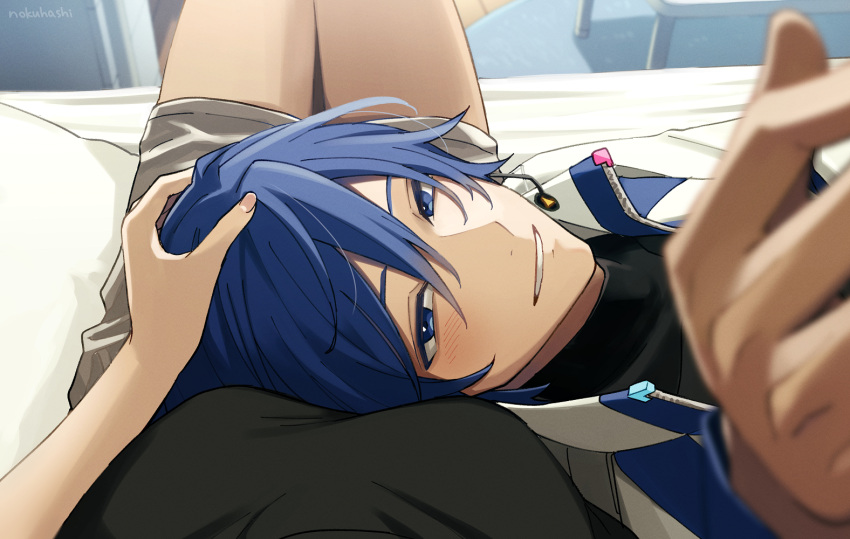 1boy 1girl bed black_shirt blue_eyes blue_hair blush breasts commentary female_pov hair_between_eyes hand_on_another's_head kaito_(vocaloid) kaito_(vocaloid3) looking_at_another looking_at_viewer lying_on_lap male_focus master_(vocaloid) medium_breasts nokuhashi pov reaching reaching_towards_viewer shirt short_hair shorts sitting smile vocaloid