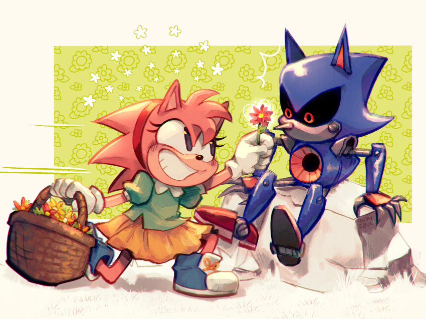 1boy 1girl 9474s0ul amy_rose animal_ears animal_nose basket blue_footwear blush floral_background flower flower_basket full_body furry furry_female giving gloves grass green_background green_shirt grin highres holding holding_basket holding_flower looking_at_another metal_sonic orange_skirt pink_flower puffy_short_sleeves puffy_sleeves red_eyes robot rock shirt shoes short_sleeves sitting skirt smile sonic_(series) sonic_cd sonic_the_hedgehog_(classic) white_gloves