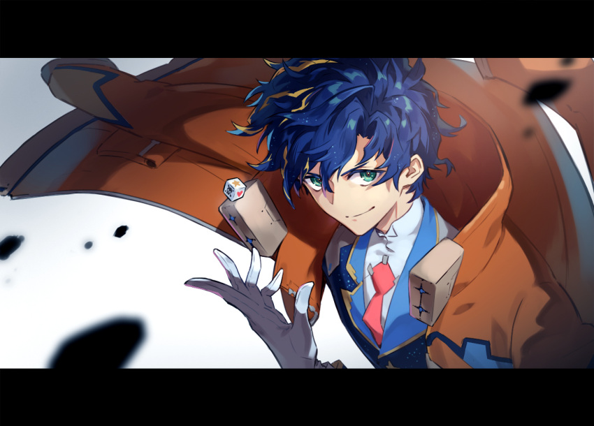 &gt;:) 1boy aqua_eyes arm_out_of_sleeve astel_leda blonde_hair blue_hair blue_jacket blurry collared_jacket commentary debris depth_of_field dice floating_clothes gloves hair_between_eyes holostars jacket letterboxed looking_at_viewer multicolored_hair necktie open_clothes open_jacket orange_jacket red_necktie saku_(sakudeji) shirt short_hair simple_background smirk starry_hair streaked_hair swept_bangs symbol-only_commentary v-shaped_eyebrows virtual_youtuber white_background white_gloves white_shirt