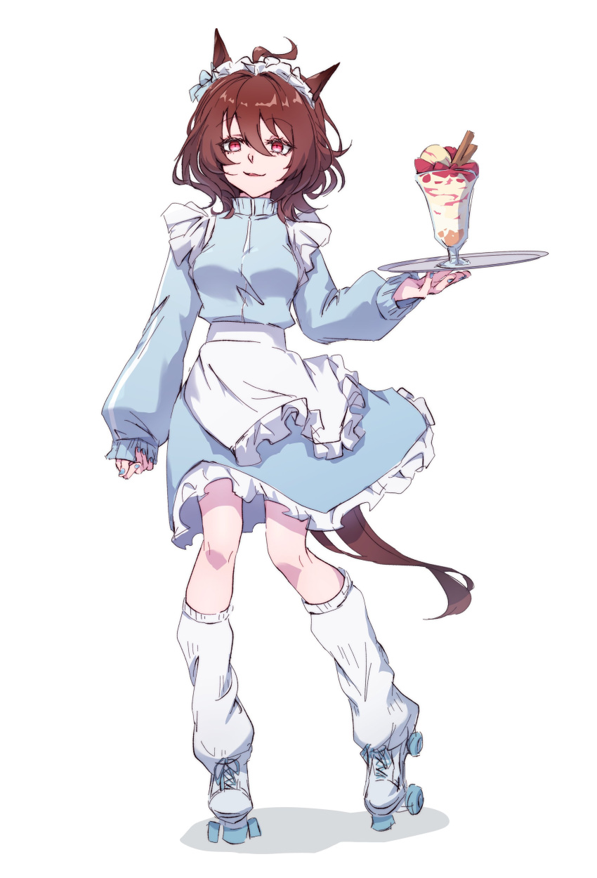 absurdres agnes_tachyon_(umamusume) ahoge animal_ears apron blue_jacket blue_skirt breasts brown_hair food frilled_skirt frills full_body hair_between_eyes highres holding holding_tray horse_ears horse_girl horse_tail ice_cream jacket long_sleeves looking_at_viewer loose_socks maid_headdress medium_hair open_mouth red_eyes roller_skates simple_background skates skirt small_breasts socks standing sundae tail tray umamusume waist_apron watou white_background white_socks