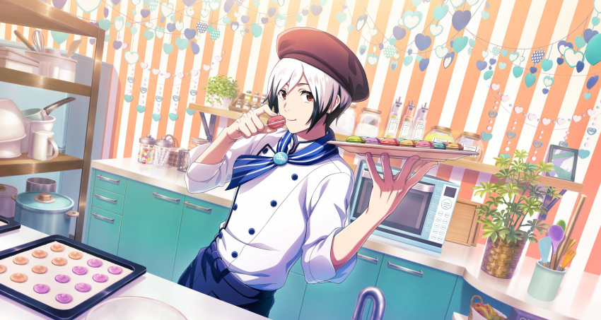 1boy black_hair cooking_pot fingernails food hair_between_eyes hat highres holding holding_food holding_plate idolmaster idolmaster_side-m idolmaster_side-m_growing_stars kitamura_sora kitchen looking_at_viewer male_focus microwave multicolored_hair official_art orange_eyes plant plate potted_plant smile white_hair