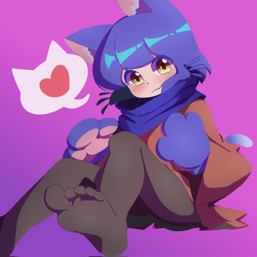 1other androgynous animal_ears animal_hands black_socks blue_hair blue_scarf blush brown_pantyhose brown_tunic cat_ears cat_paws cat_tail closed_mouth commentary feet foot_out_of_frame gradient_background heart highres looking_at_viewer niko_(oneshot) oneshot_(game) pantyhose pbj6541 pink_background purple_background scarf short_hair simple_background sitting slit_pupils smile socks soles solo spoken_heart symbol-only_commentary tail tareme toes tunic two-tone_background whiskers yellow_eyes