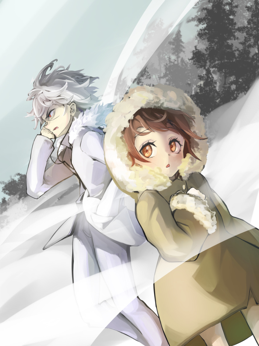 1boy 1girl accelerator_(toaru_majutsu_no_index) albino arm_at_side brown_coat brown_eyes brown_hair coat constricted_pupils dutch_angle floating_hair foliage fur-trimmed_coat fur_trim hand_in_pocket hand_on_own_chest hand_on_own_face highres hood hood_down hood_up last_order_(toaru_majutsu_no_index) long_coat looking_ahead looking_to_the_side messy_hair outdoors overcast pants sanpaku short_hair sky snow standing toaru_kagaku_no_railgun toaru_majutsu_no_index totoro_(hirohero24) tree white_coat white_hair white_pants wind winter_clothes