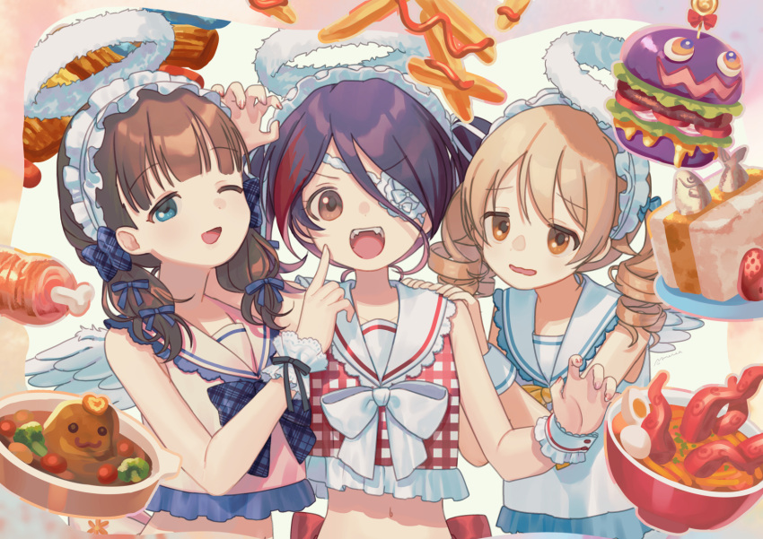 3girls :3 :d ;d angel_wings arm_support arm_up back_bow bare_arms bare_shoulders blonde_hair blouse blue_bow blue_eyes blue_hair blunt_bangs boned_meat bow bowl bowtie broccoli brown_eyes burger cherry_tomato claw_pose collarbone crop_top dark_blue_hair dot_nose drill_hair egg_(food) eyepatch fake_halo fake_wings fangs feathered_wings finger_to_another's_cheek finger_to_cheek fish food food-themed_background food_art french_fries frilled_hairband frilled_shirt frills fruit fur_halo furrowed_brow hair_between_eyes hair_bow hair_strand hairband halo hand_up hands_on_another's_shoulders hardboiled_egg hayasaka_mirei heart-shaped_food highres idolmaster idolmaster_cinderella_girls idolmaster_cinderella_girls_starlight_stage index_finger_raised ketchup light_brown_hair lolita_hairband long_hair looking_at_viewer low_twintails meat meisa midriff morikubo_nono multicolored_hair multiple_girls multiple_hair_bows nail_polish navel nervous_smile noodles one_eye_closed one_eye_covered open_mouth parted_lips pink_shirt plaid plaid_bow plaid_bowtie plaid_shirt purple_hair quad_tails ramen red_bow red_shirt ribbon sailor_collar sailor_shirt sakuma_mayu sandwich shirt side-by-side signature sleeveless sleeveless_shirt smile straight-on strawberry streaked_hair swept_bangs teeth tentacles tomato twintails under_the_desk_(idolmaster) upper_body upper_teeth_only v-shaped_eyebrows wavy_mouth white_bow white_bowtie white_hairband white_ribbon white_sailor_collar white_shirt white_wings wings wrist_cuffs