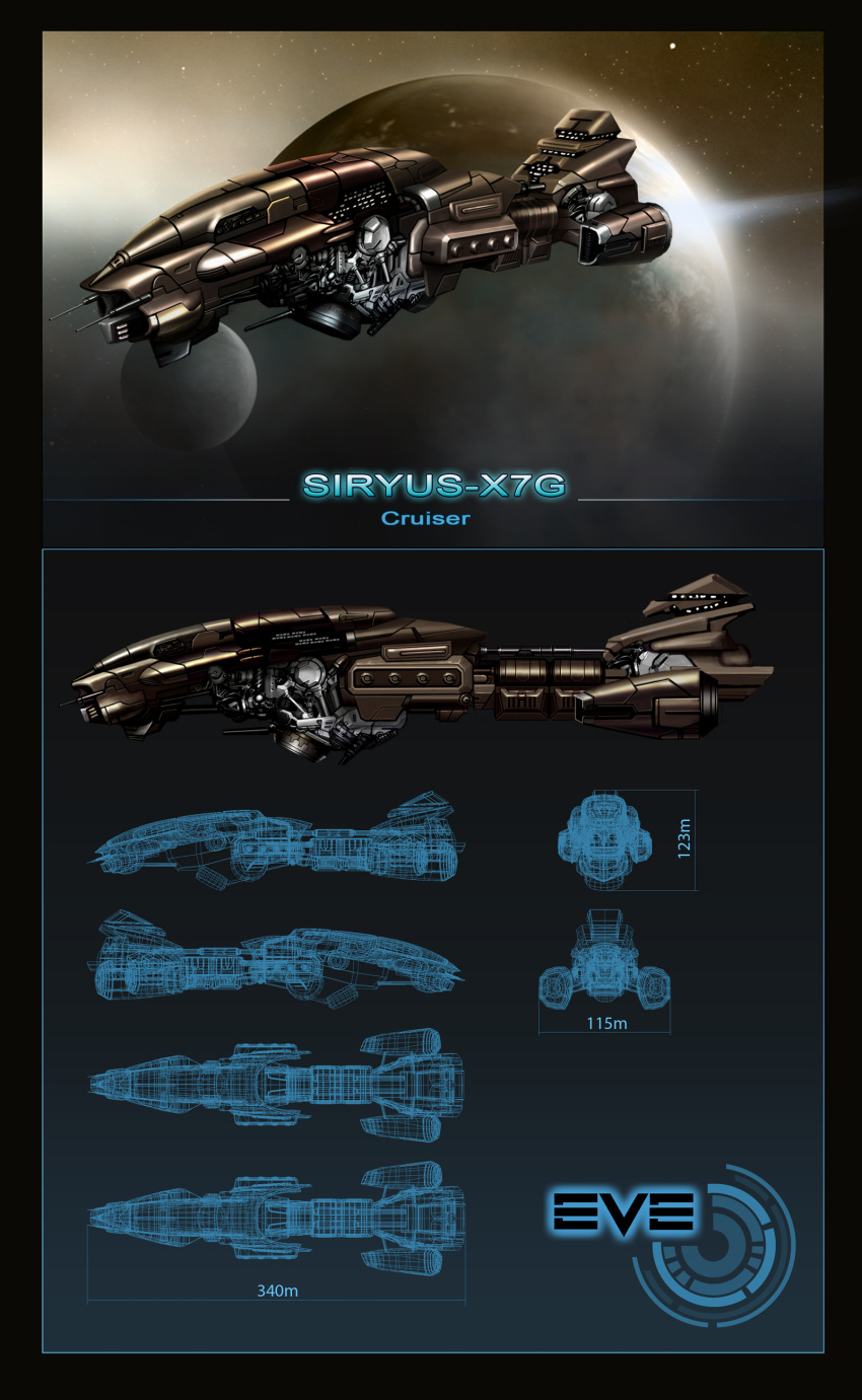 absurdres amarr_empire_(eve_online) commentary concept_art cruiser_(eve_online) emilus eve_online flying from_side glowing highres logo machinery military military_vehicle moon multiple_views no_humans original outdoors planet reference_sheet science_fiction sky space spacecraft star_(sky) starry_sky thrusters vehicle_focus