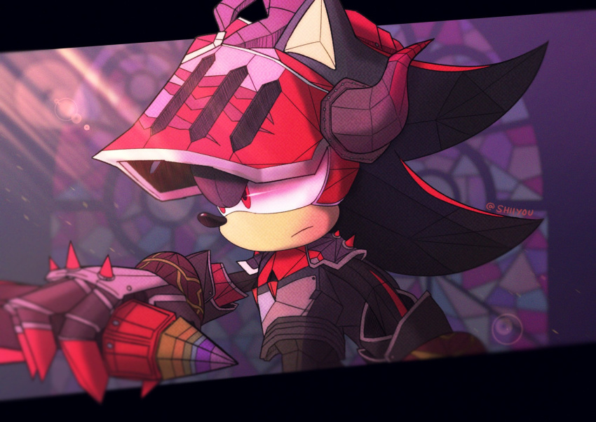 1boy animal_ears animal_nose armor artist_name black_border black_fur border from_side frown furry furry_male gauntlets glaws hedgehog_ears helm helmet highres horns light_rays red_armor red_eyes red_fur shadow_the_hedgehog shiiyou sketch snout sonic_(series) sonic_and_the_black_knight twitter_username two-tone_fur window
