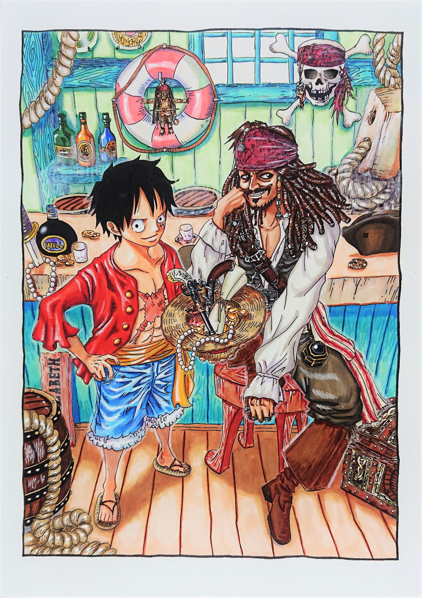 2boys absurdres bandana beard black_hair bottle closed_mouth crossover dreadlocks facial_hair full_body gun hat hat_removed headband headwear_removed highres jack_sparrow jolly_roger long_hair monkey_d._luffy multiple_boys mustache one_piece pirate pirate_costume pirate_hat pirates_of_the_caribbean short_hair sitting smile straw_hat treasure_chest weapon yuichi_(fanghart)