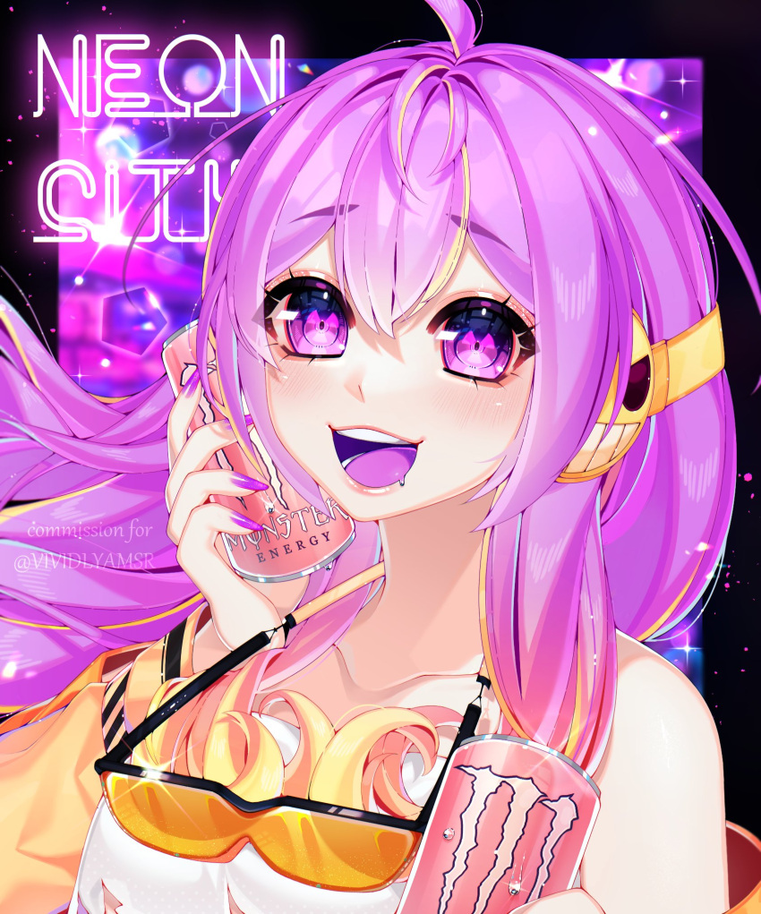 1girl blush colored_tongue drooling energy_drink goggles goggles_around_neck highres holding long_hair neon_lights non-web_source orange_goggles purple_hair purple_tongue smile tank_top violet_eyes vividly_vivi white_tank_top