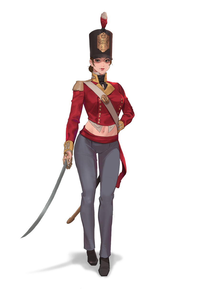 1girl black_footwear breasts buttons double-breasted epaulettes grey_pants hand_on_own_hip hat highres holding holding_sword holding_weapon jacket large_breasts long_sleeves midriff military military_hat military_uniform navel original pants red_jacket scabbard sheath simple_background smokedpaprika solo standing sword uniform weapon white_background