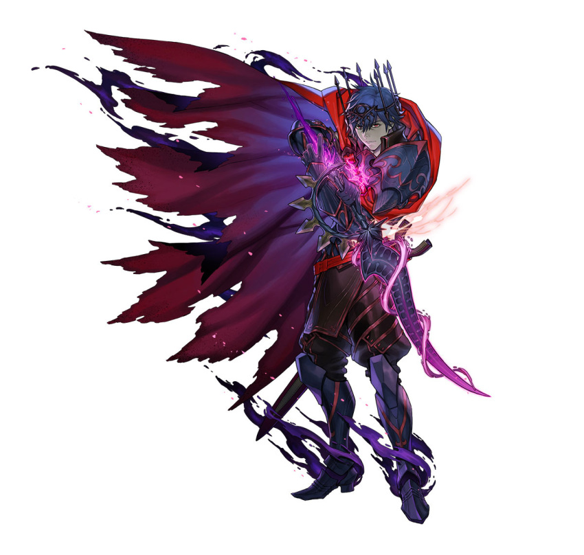 bare_shoulders blue_cape blue_hair cape chrom_(fire_emblem) crown fire_emblem fire_emblem_awakening fire_emblem_heroes glowing_markings holding holding_sword holding_weapon leg_armor looking_at_viewer official_alternate_costume official_art purple_cape red_cape redhead scar solo sword torn_cape torn_clothes undead weapon white_background