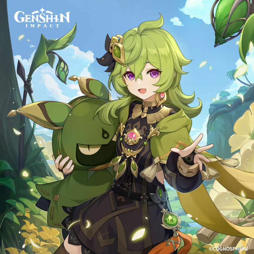1girl absurdres ahoge capelet collei_(genshin_impact) cuilein-anbar_(genshin_impact) dress earrings genshin_impact gloves green_capelet green_hair hair_between_eyes hair_ornament highres jewelry long_sleeves looking_at_viewer medium_hair official_art open_mouth smile solo thigh-highs violet_eyes