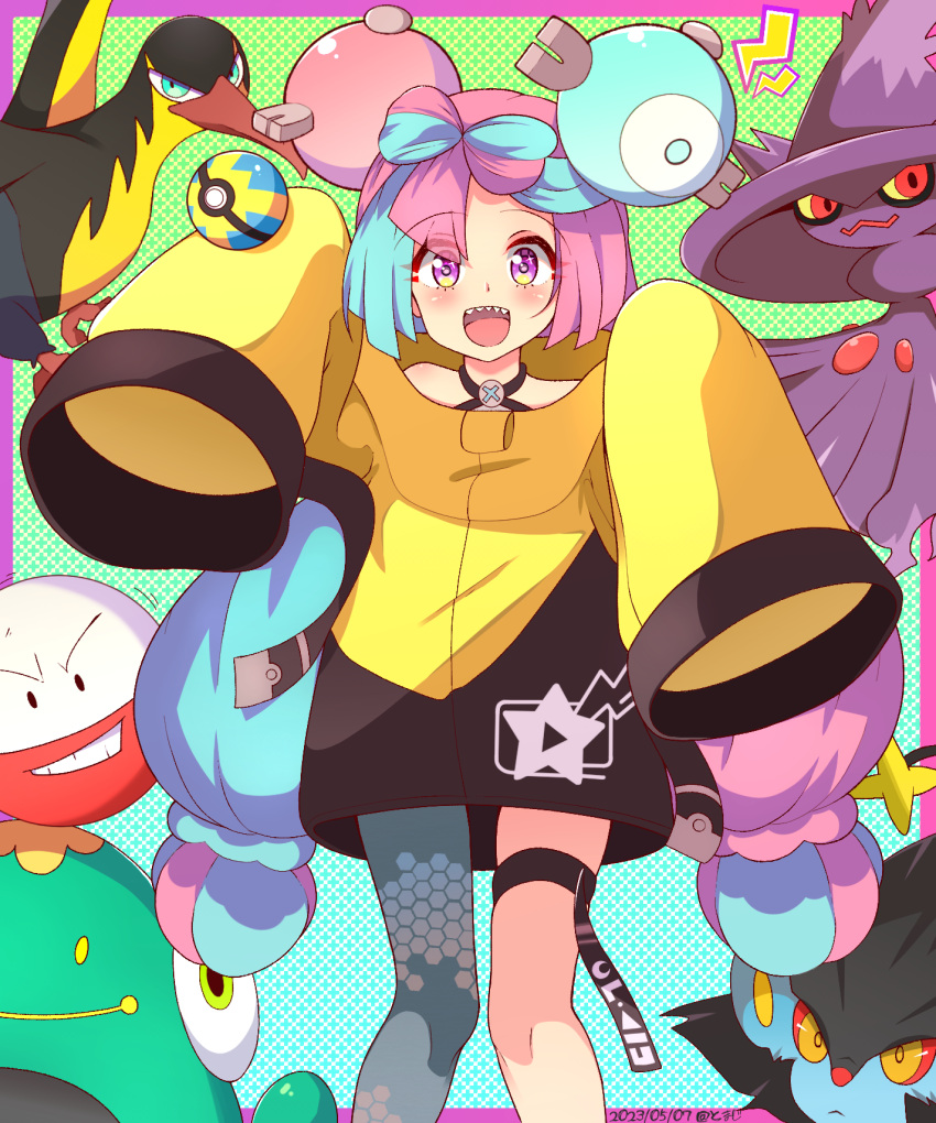 1girl :d bellibolt blush character_hair_ornament commentary_request dated electrode_(pokemon) green_hair grey_pantyhose hair_ornament hands_up highres iono_(pokemon) jacket kilowattrel knees long_hair luxray mismagius multicolored_hair open_mouth pantyhose pink_hair poke_ball pokemon pokemon_(creature) pokemon_(game) pokemon_sv quick_ball single_leg_pantyhose smile teeth thigh_strap tomazi tongue twintails two-tone_hair upper_teeth_only violet_eyes yellow_jacket