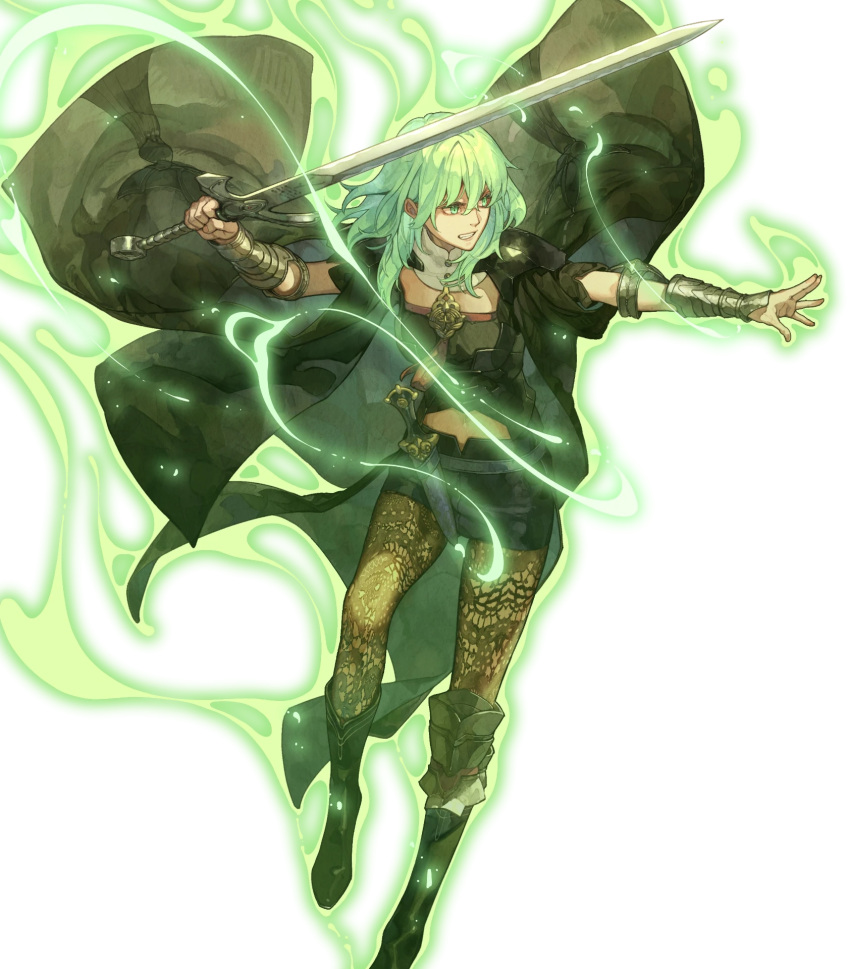 arm_guards belt boots byleth_(female)_(fire_emblem) byleth_(fire_emblem) cape clenched_teeth dagger fire_emblem fire_emblem:_three_houses fire_emblem_heroes fire_emblem_warriors:_three_hopes full_body green_eyes grey_hair hidari_(left_side) highres holding holding_sword holding_weapon knee_boots knife looking_away midriff non-web_source official_art pantyhose parted_lips shorts solo sword teeth transparent_background turtleneck weapon