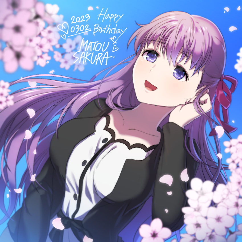 1girl 2023 5rs_g4rn3t black_jacket blue_background buttons character_name cherry_blossoms collarbone commentary_request dress english_text fate/stay_night fate_(series) flower hair_between_eyes hair_ribbon happy_birthday heaven's_feel highres jacket long_hair long_sleeves looking_away matou_sakura open_clothes open_jacket open_mouth petals pink_flower pink_ribbon purple_hair ribbon smile solo violet_eyes white_dress