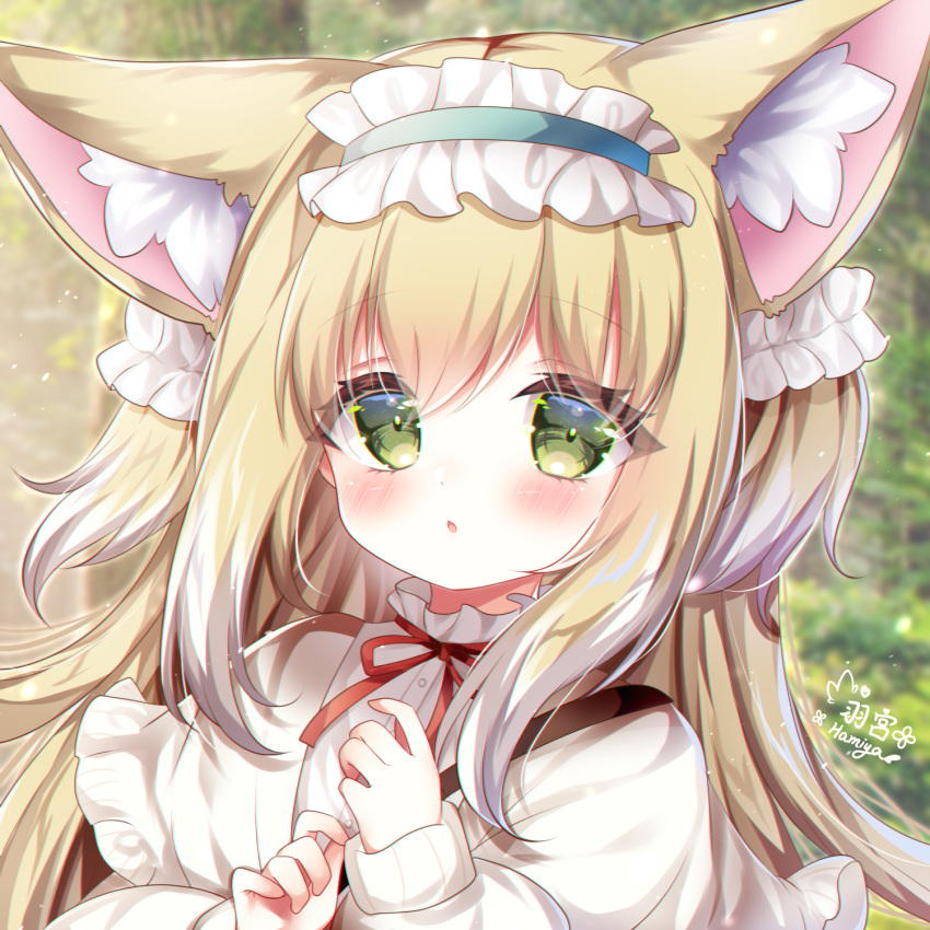 1girl :o alfou animal_ear_fluff animal_ears aqua_hairband arknights artist_name blonde_hair blush cardigan commentary_request fox_ears fox_girl fox_tail frilled_hairband frills green_eyes hair_ornament hair_scrunchie hairband highres long_sleeves looking_at_viewer multicolored_hair neck_ribbon official_alternate_costume open_cardigan open_clothes paid_reward_available parted_lips partial_commentary puffy_long_sleeves puffy_sleeves red_ribbon ribbon scrunchie shirt sleeve_cuffs solo suzuran_(arknights) suzuran_(spring_praise)_(arknights) tail two-tone_hair upper_body white_hair white_shirt yellow_cardigan