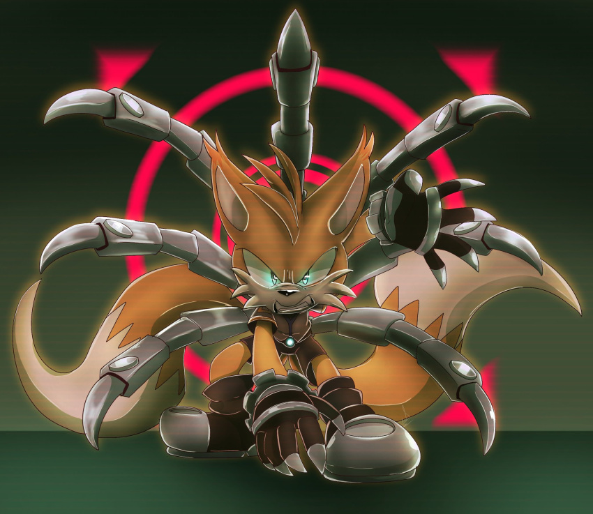 1boy alternate_universe angry animal_ears animal_nose black_footwear black_gloves blue_eyes boots claws clenched_teeth fox fox_ears fox_tail furry furry_male gloves glowing glowing_eyes highres kitsune looking_at_viewer mechanical_tail mlzmicha3l multiple_tails nine_(sonic) solo sonic_(series) sonic_prime tail tails_(sonic) teeth yellow_fur