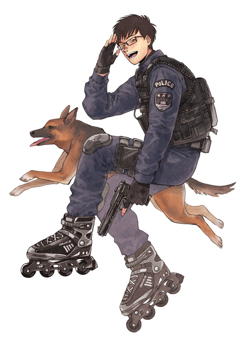 1boy animal badge bags_under_eyes belt black_footwear black_gloves blue_pants blue_shirt bulletproof_vest cable clothes_writing cross-laced_footwear dog fingerless_gloves from_side full_body glasses gloves gun half-closed_eyes hand_up handgun highres holding holding_gun holding_weapon holster inline_skates jumping knee_pads long_sleeves looking_at_viewer looking_to_the_side male_focus open_mouth original pants police police_uniform policeman roller_skates salute shirt short_hair simple_background sirokomamaru skates thigh_holster tongue tongue_out uniform weapon white_background
