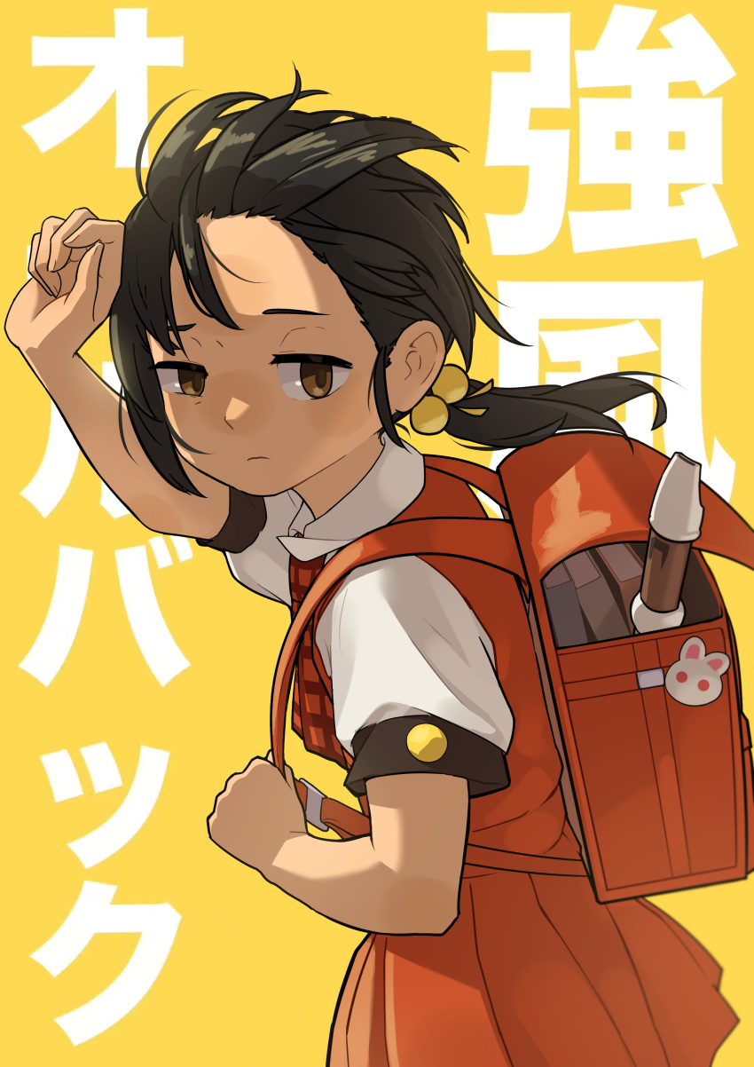 1girl absurdres adjusting_strap backpack bag bag_charm black_hair blush book brown_eyes charm_(object) closed_mouth commentary copyright_name cowboy_shot curled_fingers dress dress_shirt elbow_blush floating_hair forehead_blush from_side frown hair_bobbles hair_ornament hair_slicked_back hand_to_forehead highres holding_strap instrument kaai_yuki kyoufuu_all_back_(vocaloid) light_blush light_frown looking_at_viewer looking_to_the_side low_twintails lowered_eyelids necktie nose_blush open_bag pinafore_dress plaid_necktie pleated_dress puffy_short_sleeves puffy_sleeves rabbit_symbol randoseru recorder red_bag red_dress red_necktie school_uniform shirt short_sleeves simple_background sleeveless sleeveless_dress solo translated twintails ujuro vocaloid walking white_shirt wind yellow_background