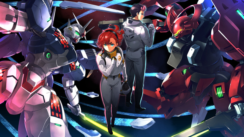 1boy 1girl assault_visor beam_saber black_hair black_hairband blue_eyes clenched_hand darilbalde end_card funnels_(gundam) gloves glowing grey_gloves guel_jeturk gun gundam gundam_aerial_rebuild gundam_suisei_no_majo hair_behind_ear hairband headwear_removed helmet helmet_removed holding holding_gun holding_helmet holding_sword holding_weapon horns ishiyumi mecha official_art pilot_suit pink_hair redhead robot science_fiction single_horn suletta_mercury sword v-fin v-shaped_eyebrows weapon