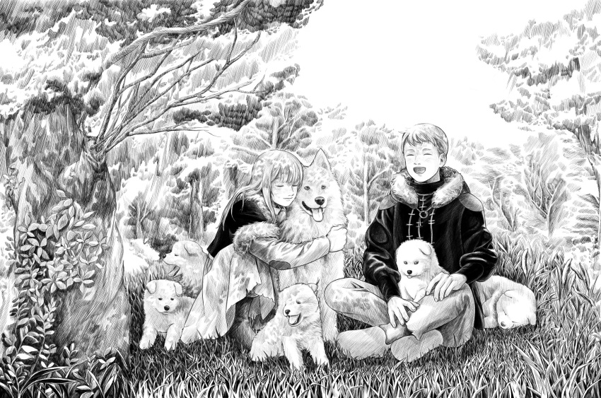 1boy 1girl ^_^ aged_down animal animal_hug animal_on_lap boots brother_and_sister child closed_eyes dancing_singer dappled_sunlight day dog dress dungeon_meshi falin_thorden female_child fur-trimmed_vest grass greyscale highres indian_style jacket laios_thorden laughing light_smile long_hair male_child monochrome nature o-ring on_ground on_lap open_mouth outdoors pack_of_dogs pants shoe_soles shoes short_hair siblings sitting sky sleeping squatting sunlight tongue tongue_out traditional_media tree vest winter_clothes yawning