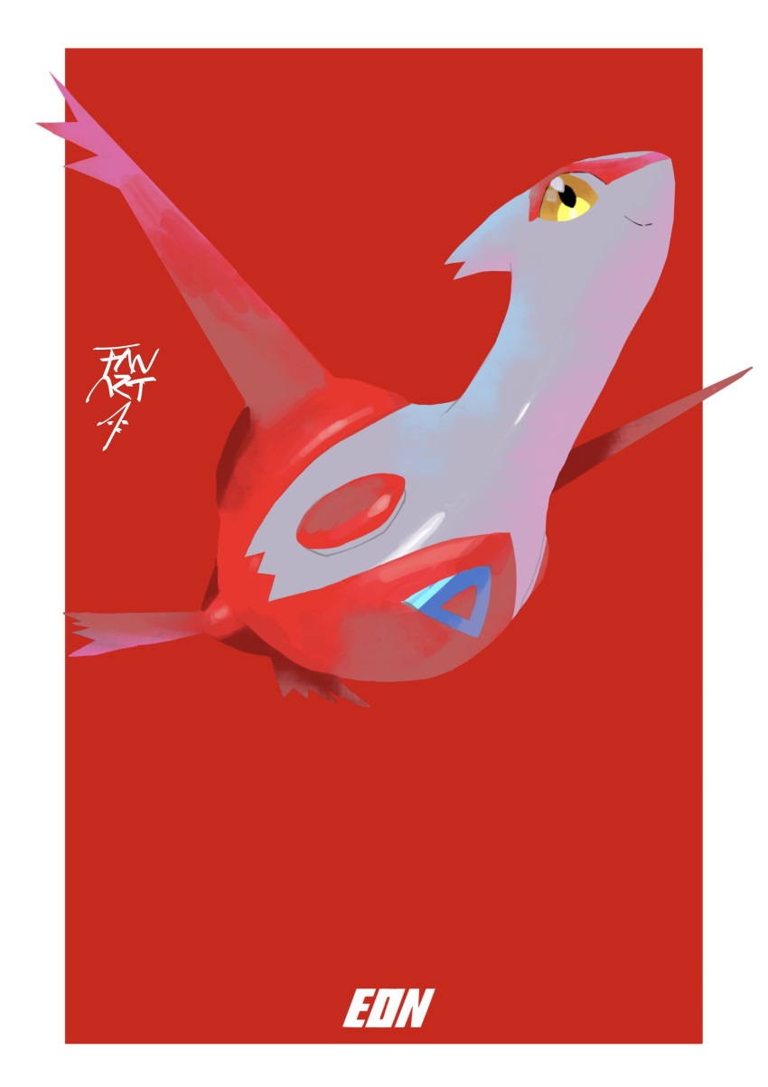 absurdres af_(afloatisland) border closed_mouth commentary_request full_body highres latias looking_up no_humans pokemon pokemon_(creature) red_background smile solo white_border yellow_eyes