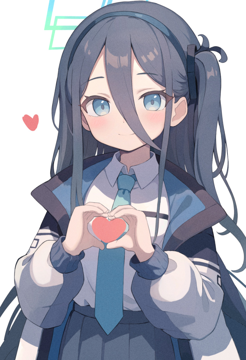 1girl absurdly_long_hair aris_(blue_archive) black_hair blue_archive blue_eyes blue_hairband blue_necktie blue_skirt blush collared_shirt hairband heart heart_hands highres jacket long_bangs long_hair looking_at_viewer necktie one_side_up open_clothes open_jacket pleated_skirt shirt skirt smile solo user_famy2743 very_long_hair