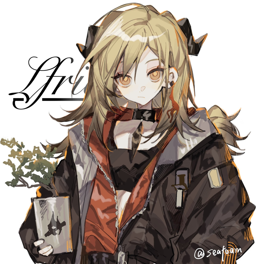 1girl :/ arknights artist_name black_choker black_jacket black_shirt blonde_hair character_name chinese_commentary choker closed_mouth commentary_request crop_top demon_girl demon_horns feather_choker highres holding_flower_pot horns ifrit_(arknights) jacket layered_clothes long_hair looking_at_viewer mo10428200 official_alternate_costume orange_eyes plant potted_plant red_jacket shirt solo upper_body white_background zipper zipper_pull_tab