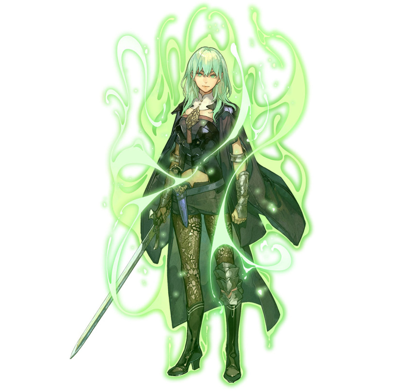 1girl aura black_coat boots breasts brooch coat enlightened_byleth_(female) fire_emblem fire_emblem:_three_houses fire_emblem_heroes fire_emblem_warriors:_three_hopes glowing green_eyes green_hair high_heel_boots high_heels holding holding_sword holding_weapon jewelry long_coat looking_at_viewer medium_breasts medium_hair midriff official_art pantyhose possessed solo sword weapon wrist_guards
