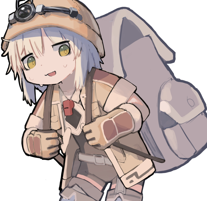 1other absurdres alternate_costume androgynous backpack bag bags_under_eyes belt brown_bag brown_gloves brown_headwear brown_jacket commentary cowboy_shot gloves green_eyes grey_belt grey_hair hands_up headlamp helmet highres jacket leaning_forward looking_at_viewer made_in_abyss medium_hair nanachi_(made_in_abyss)_(human) open_clothes open_jacket open_mouth short_sleeves simple_background siroa solo sweat thigh-highs whistle whistle_around_neck white_background