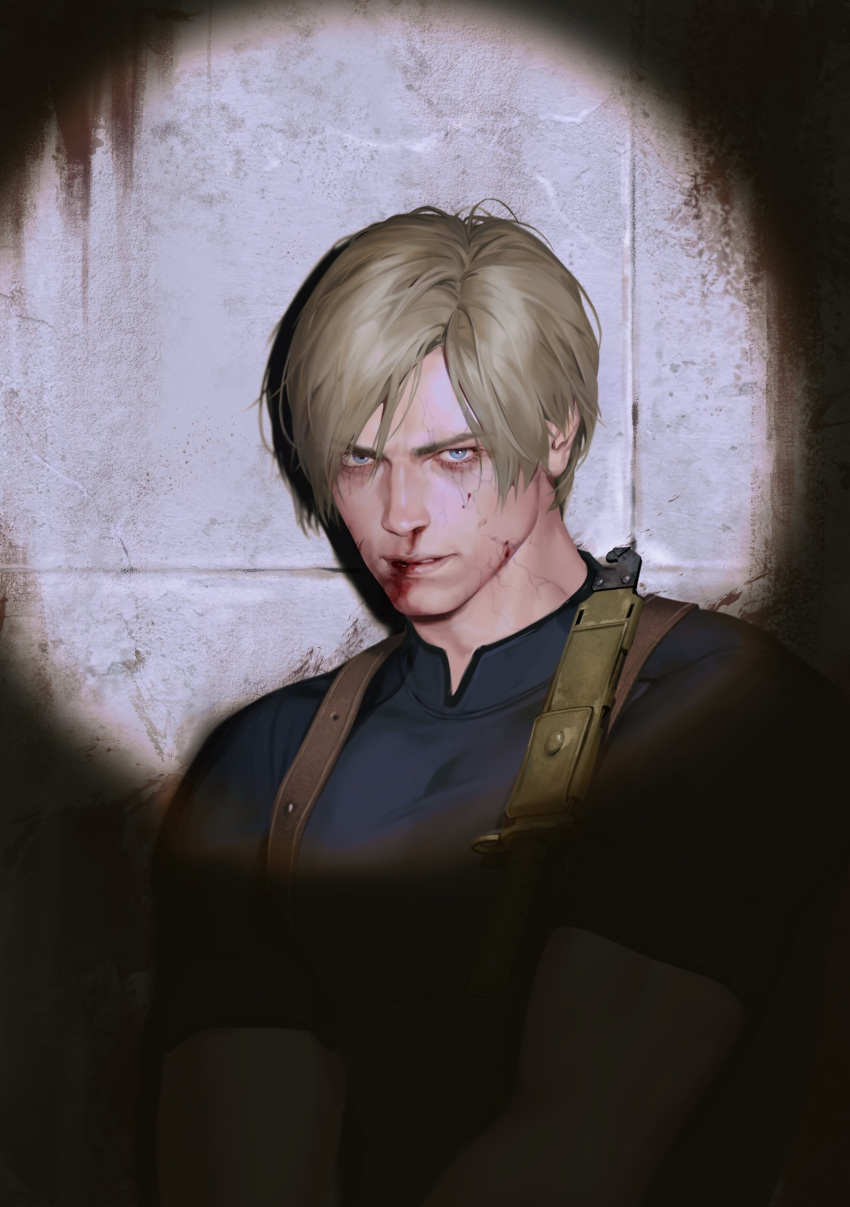 1boy absurdres blonde_hair blood blood_on_face blue_eyes curtained_hair frown highres holster kenny_(poe90) leon_s._kennedy looking_at_viewer male_focus parted_lips resident_evil resident_evil_4 resident_evil_4_(remake) shadow shirt short_hair shoulder_holster simple_background solo spotlight t-shirt tight_clothes tight_shirt tile_wall tiles upper_body