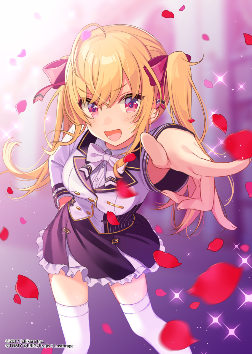 1girl ahoge black_skirt blazer blonde_hair bow bowtie breasts buttons collar copyright double-breasted falling_petals frilled_skirt frills hair_bow hand_on_own_hip highres jacket large_breasts long_hair looking_at_viewer nijisanji official_art petals pointing red_bow red_eyes rose_petals school_uniform shigure_ui skirt smile solo sparkle sweater takamiya_rion thigh-highs twintails virtual_youtuber white_bow white_bowtie white_jacket white_sweater white_thighhighs wixoss