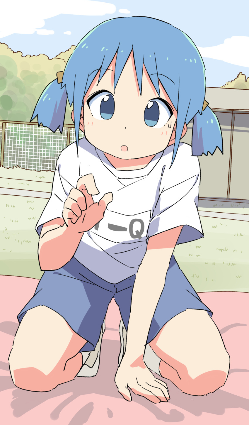1girl :o absurdres blanket blue_eyes blue_hair blue_shorts clothes_writing clouds commentary cube_hair_ornament curled_fingers fence foliage full_body gym_uniform hair_ornament hand_on_ground hand_up highres kneeling looking_at_viewer naganohara_mio nichijou open_mouth outdoors reaching reaching_towards_viewer roku_no_hito shed shirt shoes short_hair short_sleeves short_twintails shorts sky sneakers socks solo sweatdrop t-shirt twintails white_footwear white_shirt