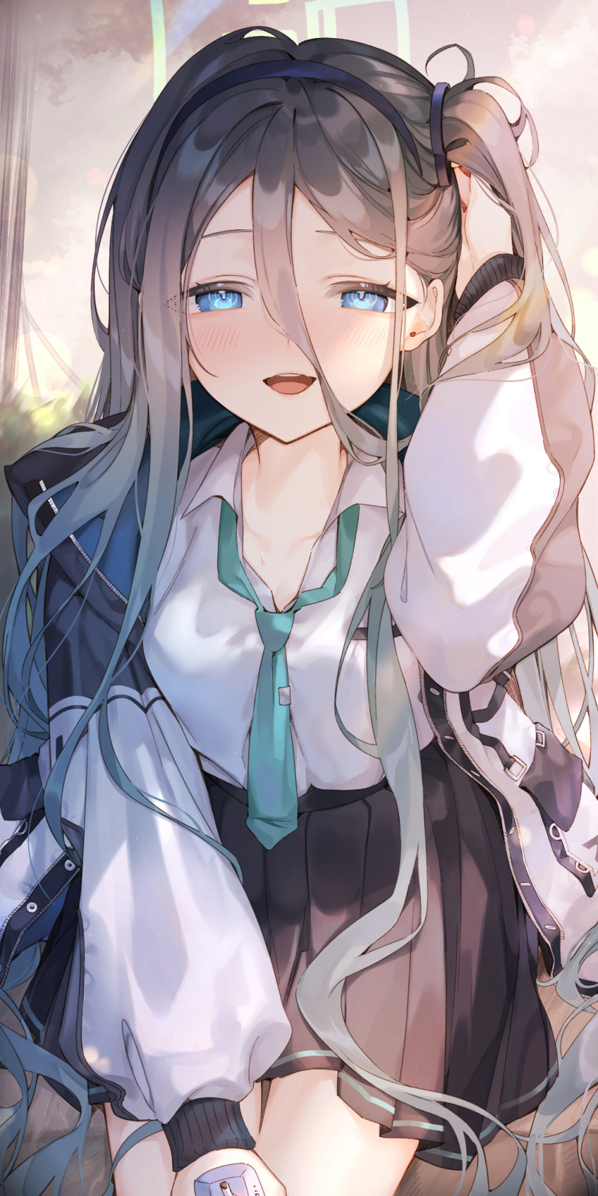 1girl :d absurdly_long_hair adjusting_hair aris_(blue_archive) black_hair black_skirt blue_archive blue_eyes blue_necktie blurry collarbone collared_shirt commentary_request depth_of_field drinking_straw hair_between_eyes hair_ornament hairband halo highres holding_carton jacket koyo_akio leaning_forward long_hair long_sleeves looking_at_viewer milk_carton multicolored_clothes multicolored_jacket necktie one_side_up open_clothes open_jacket pleated_skirt school_uniform shirt sidelocks sitting skirt smile solo two-tone_jacket very_long_hair white_shirt