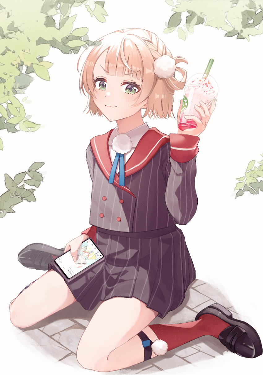 1girl black_footwear blonde_hair blue_ribbon blunt_bangs braid buttons cellphone collared_shirt cowlick double-breasted drink drinking_straw english_commentary green_eyes grey_jacket grey_skirt hair_ornament hair_rings highres holding holding_drink holding_phone indie_virtual_youtuber jacket leaf loafers looking_at_viewer milkshake neck_ribbon on_ground phone pinstripe_jacket pinstripe_pattern pinstripe_skirt pleated_skirt pom_pom_(clothes) pom_pom_hair_ornament red_sailor_collar red_sleeves red_socks ribbon sailor_collar school_uniform shigure_ui_(vtuber) shirt shoes short_hair side_braid sitting skirt smartphone smug socks solo starbucks striped striped_jacket swept_bangs vertical-striped_jacket vertical_stripes virtual_youtuber wariza white_shirt yakousei_ookami