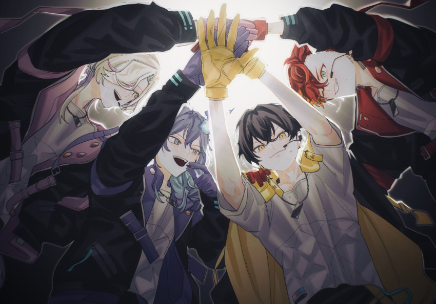 4boys :3 :d aqua_eyes aqua_hair backlighting belt black_hair black_jacket blonde_hair colored_inner_hair crossed_bangs earpiece earrings gloves grey_eyes grin hair_between_eyes hair_over_one_eye hand_on_another's_shoulder highres hitodama hizaki_gamma holding holding_microphone holostars huddle idol jacket jacket_on_shoulders jewelry long_hair long_sleeves looking_at_another male_focus medium_hair microphone minase_rio momiage_40 multicolored_hair multiple_boys necklace official_alternate_costume one_eye_closed open_clothes open_hand open_jacket orange_hair outstretched_arm outstretched_arms pink_belt pink_gloves pink_hair purple_belt purple_gloves purple_hair red_gloves redhead shirt short_hair short_sleeves smile streaked_hair sweat t-shirt teeth two-sided_fabric two-sided_jacket two-tone_hair upper_body upper_teeth_only uproar_(holostars) utsugi_uyu v-shaped_eyebrows violet_eyes virtual_youtuber white_hair white_shirt yatogami_fuma yellow_eyes yellow_gloves