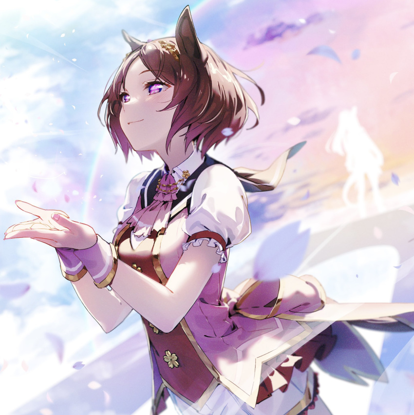 1girl animal_ears ascot breasts brown_hair closed_mouth clouds collared_shirt cupping_hands eva_mashiro flower-shaped_pupils hair_ornament hands_up highres horse_ears horse_girl jacket looking_afar own_hands_together petals pink_ascot pink_jacket puffy_short_sleeves puffy_sleeves rainbow sailor_collar sakura_laurel_(umamusume) shirt short_hair short_shorts short_sleeves shorts silhouette sleeveless sleeveless_jacket small_breasts smile solo symbol-shaped_pupils umamusume upper_body violet_eyes white_shirt white_shorts wrist_cuffs