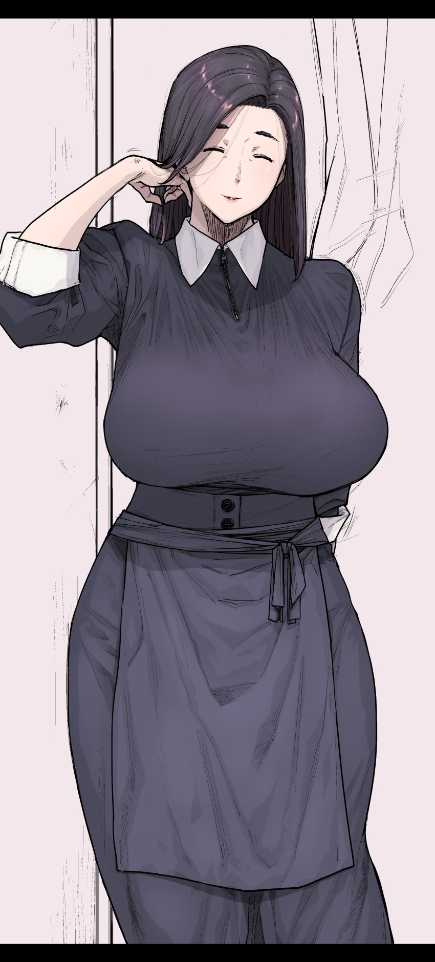 1girl absurdres adjusting_hair apron arm_behind_back arm_up bad_link black_apron black_shirt breasts closed_eyes collared_shirt etuzan_jakusui feet_out_of_frame female highres hips huge_breasts large_breasts lips long_hair long_sleeves mature_female monochrome_background original parted_lips purple_hair shirt simple_background smile solo standing thick_thighs thighs wide_hips zipper zipper_pull_tab