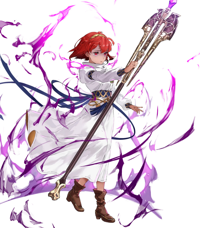 1girl ankle_boots aura boots closed_mouth dark_aura detached_sleeves dress fire_emblem fire_emblem:_mystery_of_the_emblem fire_emblem_heroes full_body hairband highres holding jewelry long_sleeves maria_(fire_emblem) mayo_(becky2006) necklace non-web_source official_art red_eyes redhead short_hair solo staff transparent_background white_dress
