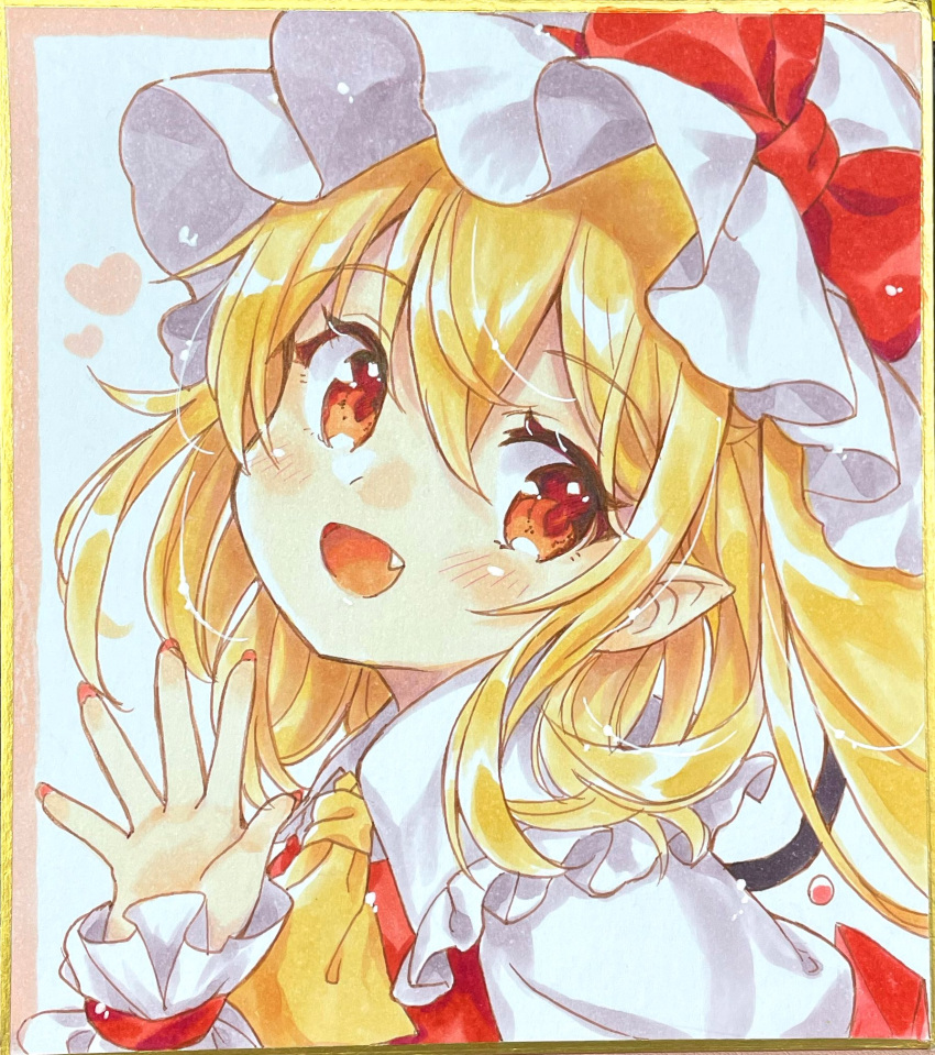 1girl :d blonde_hair bow fang flandre_scarlet hand_up hat hat_bow heart highres looking_at_viewer medium_hair mimi_(mimi_puru) nail_polish open_mouth pointy_ears red_bow red_eyes red_nails simple_background smile solo touhou wrist_cuffs