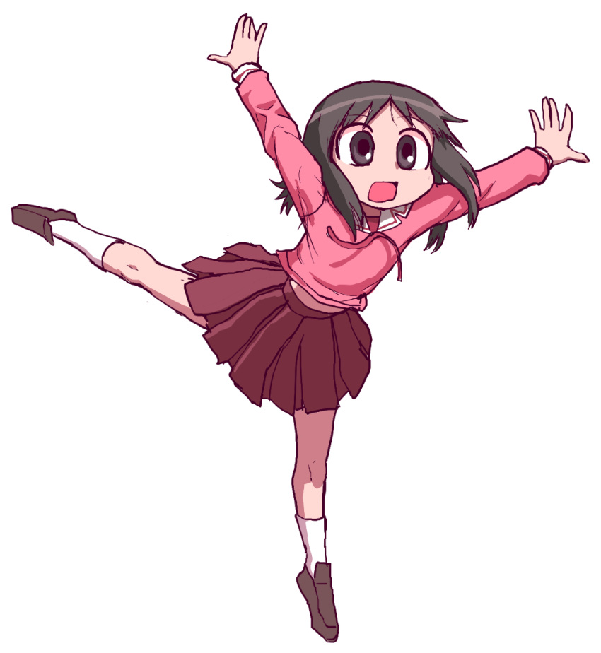 1girl arms_up azumanga_daioh azumanga_daioh's_school_uniform brown_eyes brown_footwear brown_hair commentary_request floating_hair full_body hair_over_shoulder jumping kasuga_ayumu korean_commentary leg_up loafers long_sleeves looking_at_viewer medium_hair midriff_peek neck_ribbon open_mouth outstretched_arms pink_shirt pleated_skirt red_ribbon red_skirt ribbon sailor_collar school_uniform serafuku shirt shoes shouting simple_background sketch skirt solo spread_arms surprised tekaaluk white_background white_sailor_collar wide-eyed