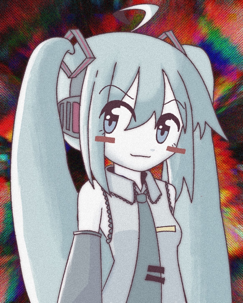 1girl abstract_background ahoge bagacide blue_eyes blue_hair blue_necktie blush_stickers colored_skin commentary detached_sleeves film_grain hair_between_eyes hair_ornament hairclip hatsune_miku headset highres light_blue_hair light_smile long_hair looking_at_viewer multicolored_background necktie shirt sidelocks sleeveless sleeveless_shirt smirk smug solo twintails upper_body v-shaped_eyebrows vocaloid white_skin