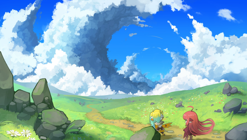 2girls absurdres ahoge bird_legs blonde_hair clouds cloudy_sky coco_(eogks) flower grass green_hair hair_over_one_eye harpy highres hill long_hair mako_(eogks) monster_girl multicolored_hair multiple_girls nn_(eogks) original outdoors redhead rock scenery sky trail two-tone_hair very_long_hair white_flower winged_arms wings