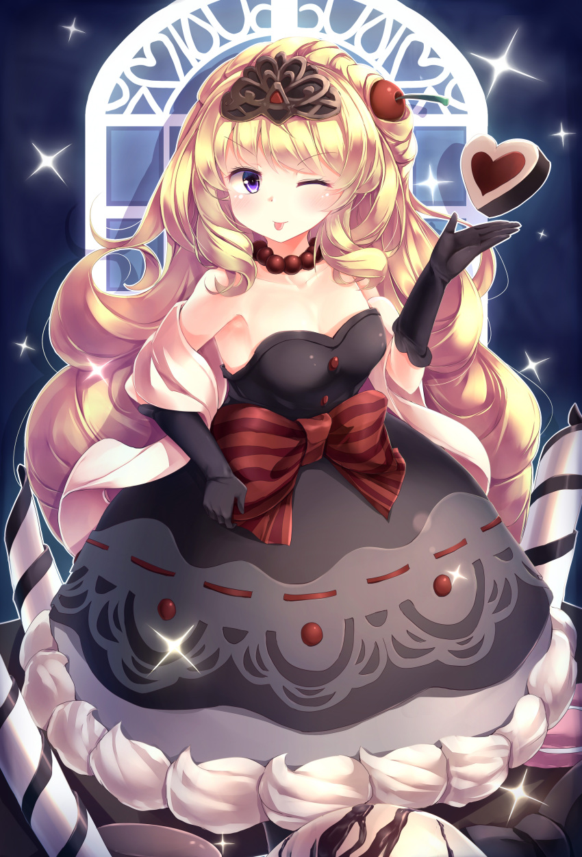 1girl absurdres black_gloves blonde_hair blue_eyes blush breasts chocolate curly_hair dress duel_monster elbow_gloves food-themed_clothes gloves highres kanzakietc long_hair looking_at_viewer madolche_puddingcess_chocolat-a-la-mode medium_breasts one_eye_closed red_ribbon ribbon solo swept_bangs tongue tongue_out yu-gi-oh!