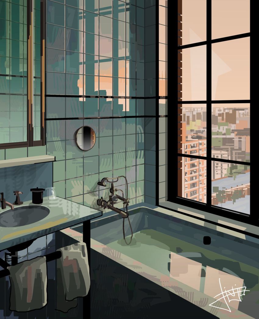 bathroom bathtub commentary english_commentary highres indoors livousart mirror no_humans original scenery sink tile_wall tiles towel window